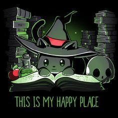 this is my happy place halloween t - shirt with an image of a cat reading a book