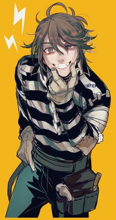 an anime character with long hair and black and white striped shirt, holding a camera