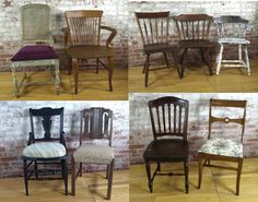 four different styles of dining chairs against a brick wall, all with upholstered seats