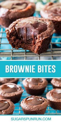 chocolate brownie bites on a cooling rack with text overlay that reads, chocolate brownie bites