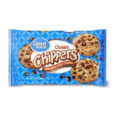 a bag of crispy cookies with chocolate chips on the front and in the middle