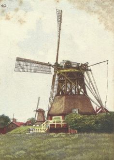 an old painting of a windmill in a field