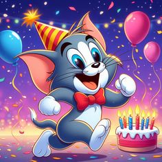 a cartoon cat celebrating his birthday with balloons and confetti