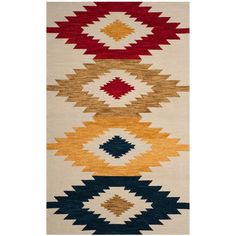 a multicolored rug with different shapes and colors on the side, including red, yellow