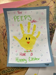 a child's handprint is displayed on a piece of paper that says for peeps sakes have a happy easter