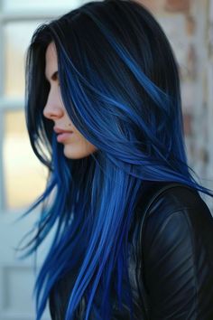 Dark Roots Blue Hair, Fun Hair Color Ideas For Brunettes Blue, Blue Dipped Hair, Black Dyed Hair Ideas, Black To Blue Hair, Blue Highlights In Brown Hair, Sapphire Cosplay, Blue Hair Styles, Red And Blue Hair