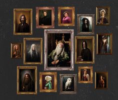 a group of people with long white hair and beards are surrounded by framed pictures