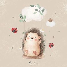 a hedgehog sitting on top of a wooden swing with ladybugs flying around