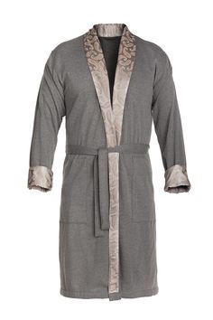 The robe is made with a body-hugging kimono cut from soft and light, high-quality, gray cotton fleece. The inner side of the cotton fabric is treated so that it is particularly soft and pleasant against the skin. The inside of the lapel and sleeves has been finished with natural silk edging. Inner seams have been covered with black edging. Belt has been fastened to the back, both sides on the front have a sewn-on pocket. Fabric: 96% cotton, 4% elastane. The inside of the lapel is made from 100% Luxury Long Sleeve Robe For Loungewear, Elegant Cotton Kimono, Elegant Cotton Robe For Daywear, Elegant Cotton Daywear Robe, Elegant Fitted Cotton Robe, Mens Robes, Men's Robes, Natural Silk, Cotton Fleece