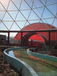 the inside of a building under construction with water running through it