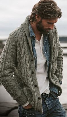 Gray Shawl, White Henley, Jeans Cardigan, Lauren Gray, Men Fashion Casual Outfits, Mens Winter Fashion, Gentleman Style