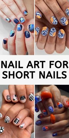 August 2024 Nail Art, Fun Nail Art For Short Nails, Comic Nails Short, Fun Manicure Ideas For Short Nails, Short Nails Design Ideas 2024, Creative Short Nails, Short Abstract Nail Designs, Super Short Nail Designs, Extra Short Nail Designs