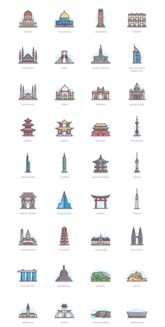 an image of different types of buildings in the world, including pagodas and towers