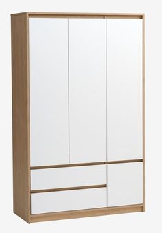 a white and wood armoire with drawers on the bottom shelf, against a white background