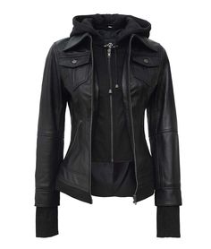 Bomber Leather Jacket With Hood For Petite Women Upgrade your wardrobe with this stylish Women’s Petite Black Bomber Leather Jacket. Designed with a removable hood, it effortlessly transitions from sporty to sleek. Crafted from high-quality real lambskin leather, this jacket offers a snug fit tailored for petite frames, while ribbed hem and cuffs enhance its classic bomber appeal. Perfect for both casual outings and semi-formal events, this versatile jacket is a must-have for creating bold, chic Hooded Leather Jacket, Womens Black Leather Jacket, Leather Jacket With Hood, Jacket With Hood, Leather Jacket Black, Black Leather Jacket, Detachable Hood, Leather Zipper, Workout Jacket