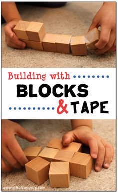 two pictures with blocks and tape on the floor, one is being held over by someone's hands