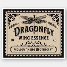 an old fashioned dragonfly label with the words,'wing essene 13 hollow inside apothecary '