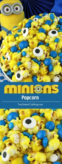 a plate full of popcorn with eyes on it and the words minions written in blue