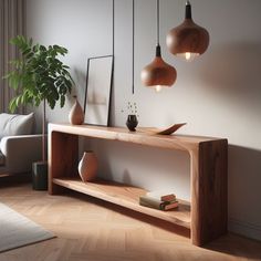 a wooden table sitting in the middle of a living room