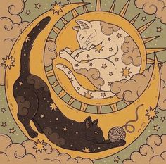 an image of two cats sleeping on the moon with stars and clouds in the background