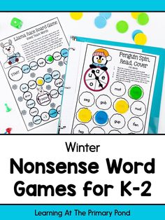 Nonsense Word Games for Kindergarten, 1st, and 2nd grade {Winter Theme} - learning-at-the-primary-pond Word Games For Kindergarten, Nonsense Word Games, How To Teach Phonics, Nonsense Words Fluency, Vowel Team Words, Games For Kindergarten, Teach Phonics, Literacy Specialist, Partner Games