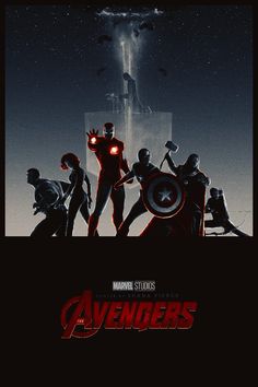 the avengers movie poster is shown in black and red