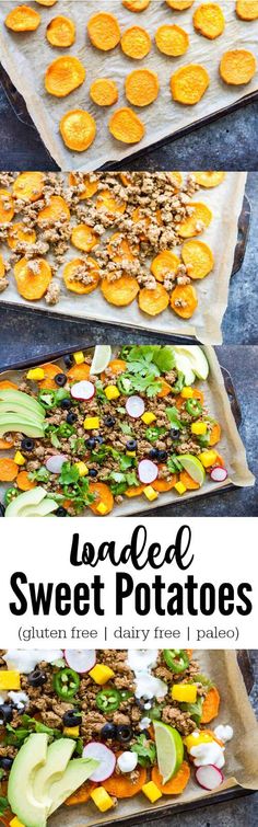 sweet potato salad on parchment paper with text overlay