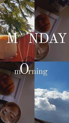 there are three different pictures with the words m nday and morning on them in white letters