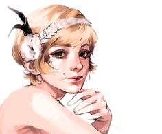 a drawing of a woman with blonde hair and flower in her hair, wearing a feathered headband