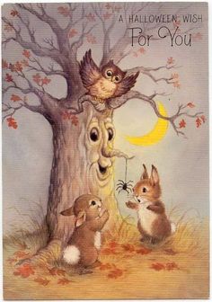 a halloween wish for you card with rabbits and an owl on the top of a tree