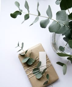 an image of a gift wrapped in brown paper with eucalyptus leaves