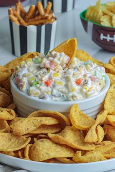 a bowl of dip surrounded by chips on a plate