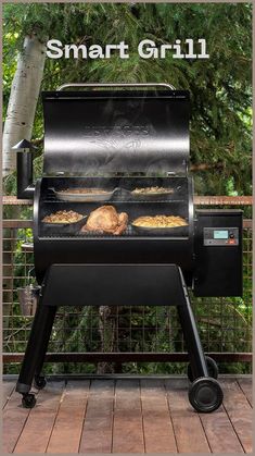 an outdoor grill with chicken cooking on it and the words smart grill above it that says,