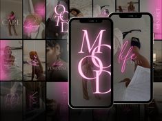 multiple images of women in pink and black with the words m & f on them