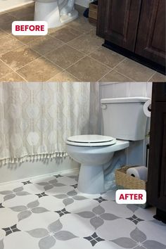 before and after photos of a bathroom remodel with tile flooring in the shower