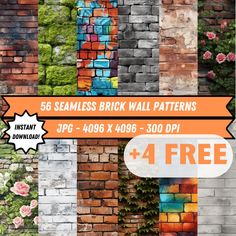 brick wall patterns for photoshopping with flowers and plants in the background, including 4 free