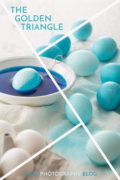 blue and white eggs in a bowl with the words the golden triangle above them on a table