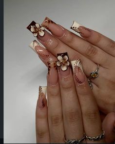 Brown Nails 3d Flowers, Brown Hibiscus Nails, Cute Medium Length Nails, Brown Flower Nails, French Tip Acrylic Nails, French Acrylic Nails