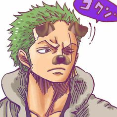 an anime character with green hair has a thought bubble above his head