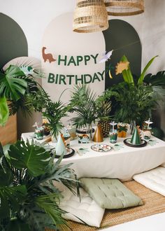 a birthday party with plants and decorations