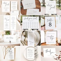 wedding stationery and seating cards displayed in multiple photos with flowers, leaves, and branches