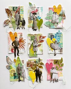 altered collages of people and flowers on white paper with string attached to them