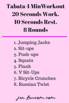 a pink poster with the text tabata 4 min workout 20 seconds work 10 rounds rest 8 rounds