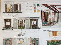 an architectural drawing shows the interior and exterior sections of a house, with different types of windows