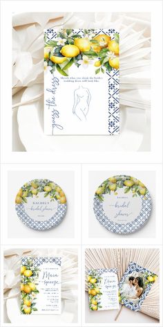 the wedding stationery with lemons and leaves on it is shown in blue and white