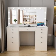 a white vanity with lights on it next to a bed and desk in a room