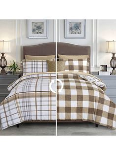 two pictures show the same bedding with different colors and patterns on it, one is brown