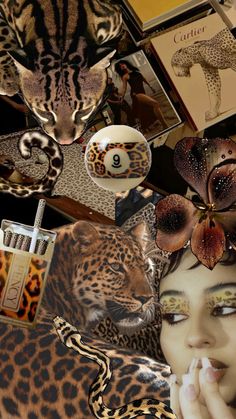 a woman is surrounded by leopard and other animal themed items, including a perfume bottle