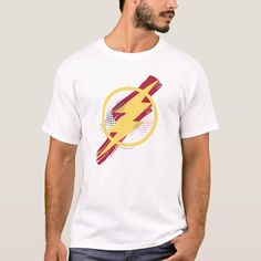 Justice League Brush & Halftone Flash Symbol T-shirt, Men's, Size: Adult S, White Gender: male. Pattern: check. Flash Symbol, Paint Brush Strokes, Flash Logo, Halftone Dots, Social Media Design Graphics, Red Paint, Paint Brush