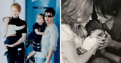 black and white photos of people holding babys in their arms, then an older photo of the same family